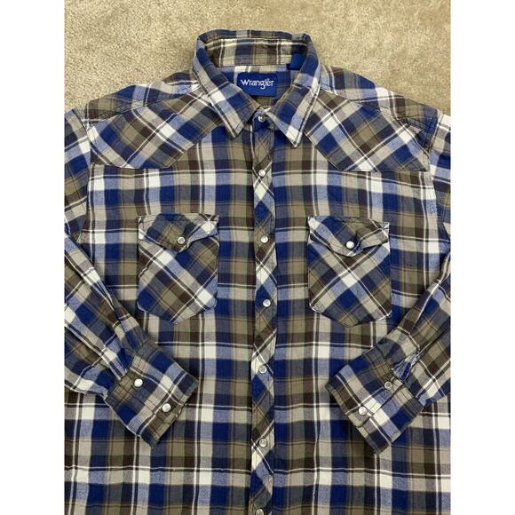 Wrangler Pearl Snap Men’s XL Blue Brown Plaid Long Sleeve 100% Cotton 751 - Picture 3 of 8